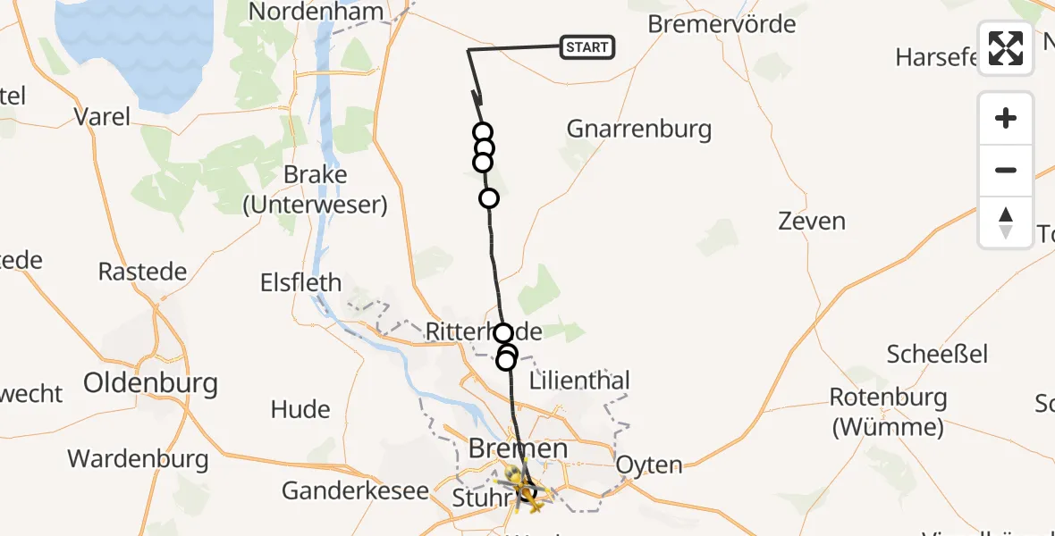 Flugroute Rettungshubschrauber Beverstedt - ADAC Air Rescue Station Bremen Hubschrauberlandeplatz (Christoph 6), 15 Mai 2026, 10:46