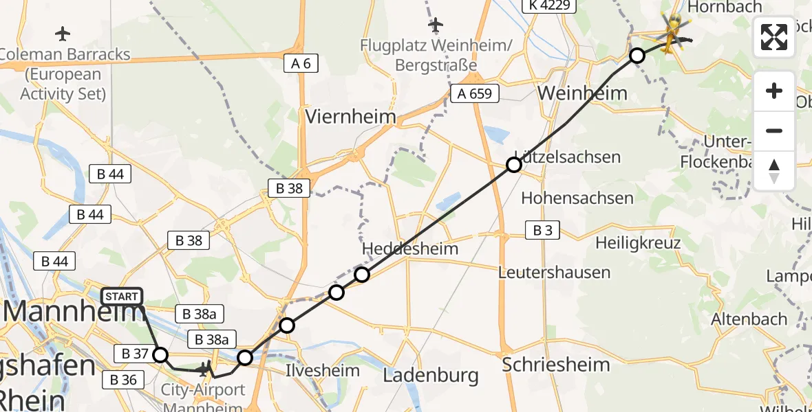 Flugroute Rettungshubschrauber Mannheim - Birkenau, 15 Mai 2026, 10:47