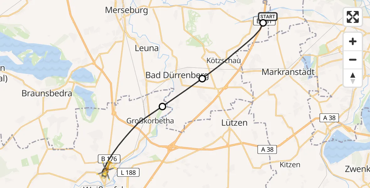 Flugroute Rettungshubschrauber ADAC Air Rescue Station Leipzig/Schkeuditz-Dölzig Hubschrauberlandeplatz (Christoph 61) - Weißenfels, 15 Mai 2026, 10:52