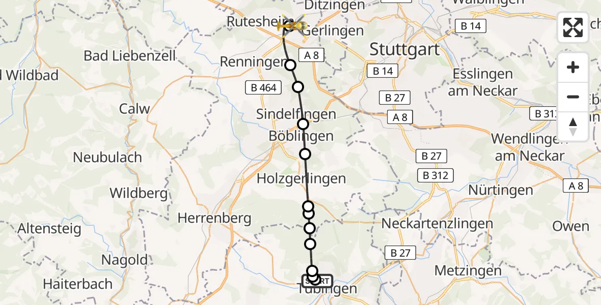 Flugroute Rettungshubschrauber Tübingen University Hospital - Leonberg Hospital Hubschrauberlandeplatz, 15 Mai 2026, 10:57