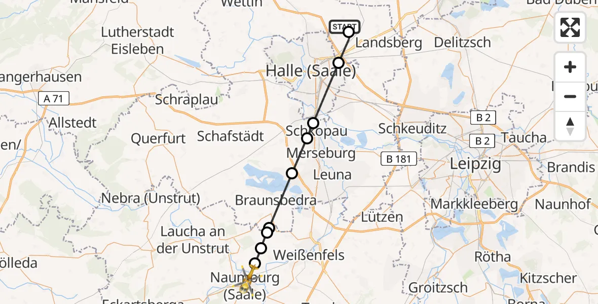 Flugroute Rettungshubschrauber Halle-Oppin Flugplatz - Naumburg Krankenhaus Hubschrauberlandeplatz, 15 Mai 2026, 10:59