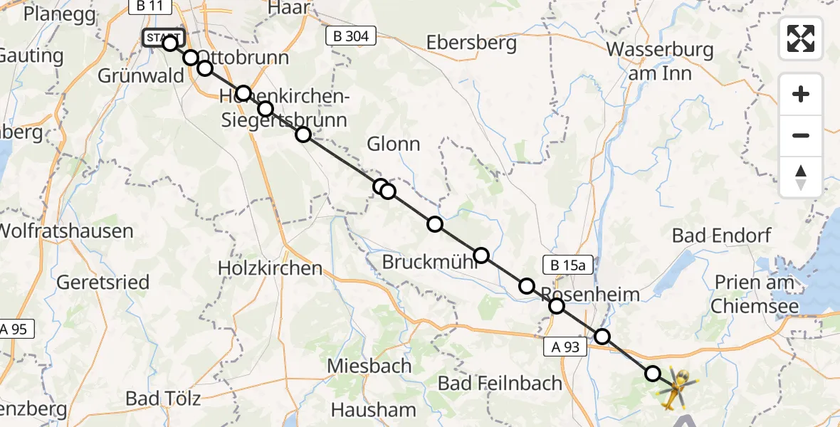 Flugroute Rettungshubschrauber ADAC Air Rescue Center Hubschrauberlandeplatz (Christoph 1) - Samerberg, 15 Mai 2026, 10:59