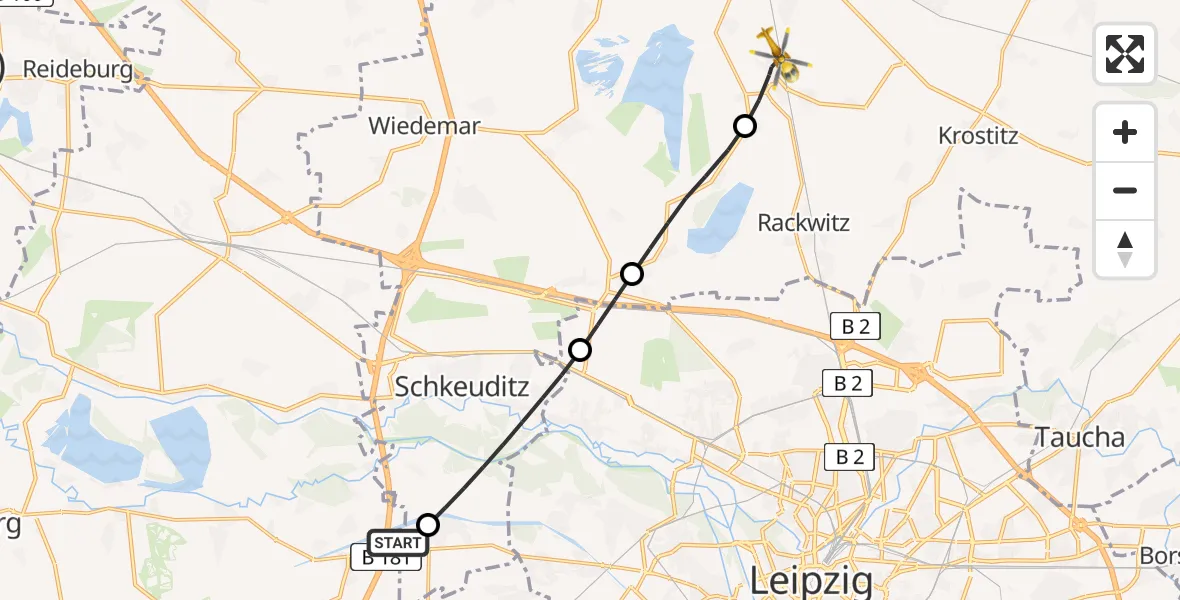 Flugroute Rettungshubschrauber ADAC Air Rescue Station Leipzig/Schkeuditz-Dölzig Hubschrauberlandeplatz (Christoph 61) - Rackwitz, 15 Mai 2026, 11:00