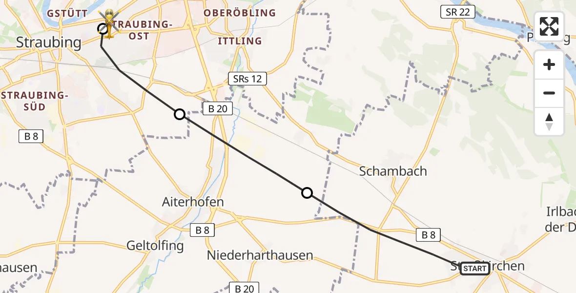 Flugroute Rettungshubschrauber Straßkirchen - Sankt Elisabeth Hospital Straubing, 15 Mai 2026, 11:05