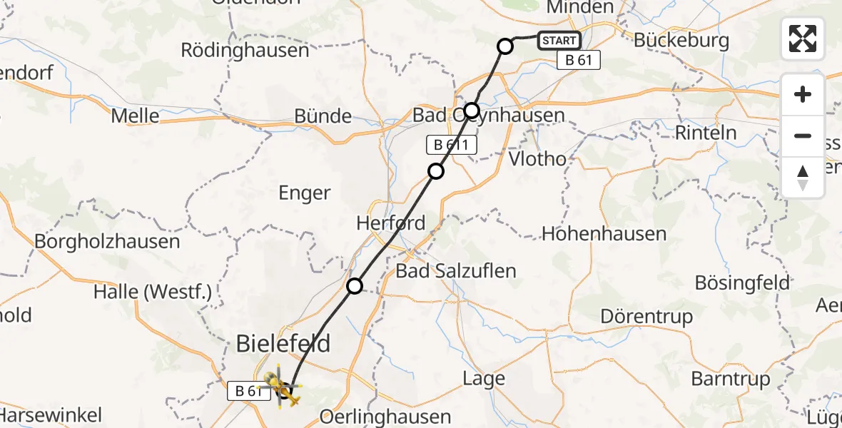 Flugroute Rettungshubschrauber Minden - Luftrettungszentrum Bielefeld, 15 Mai 2026, 11:06