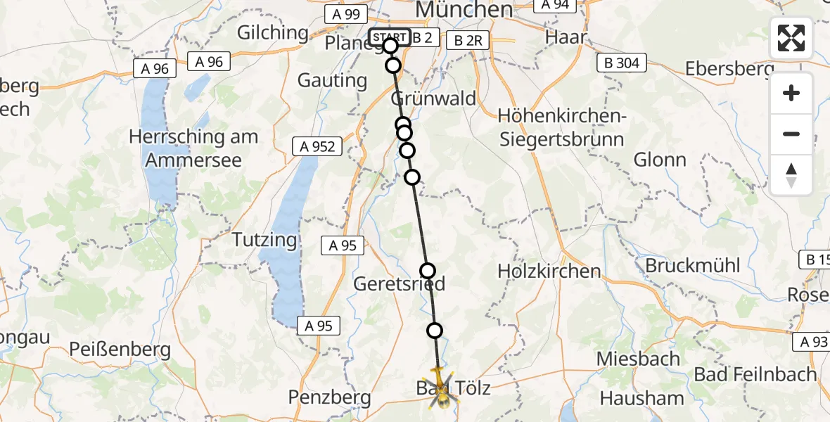 Flugroute Rettungshubschrauber DRF Air Rescue München Hubschrauberlandeplatz - Wackersberg, 15 Mai 2026, 11:06