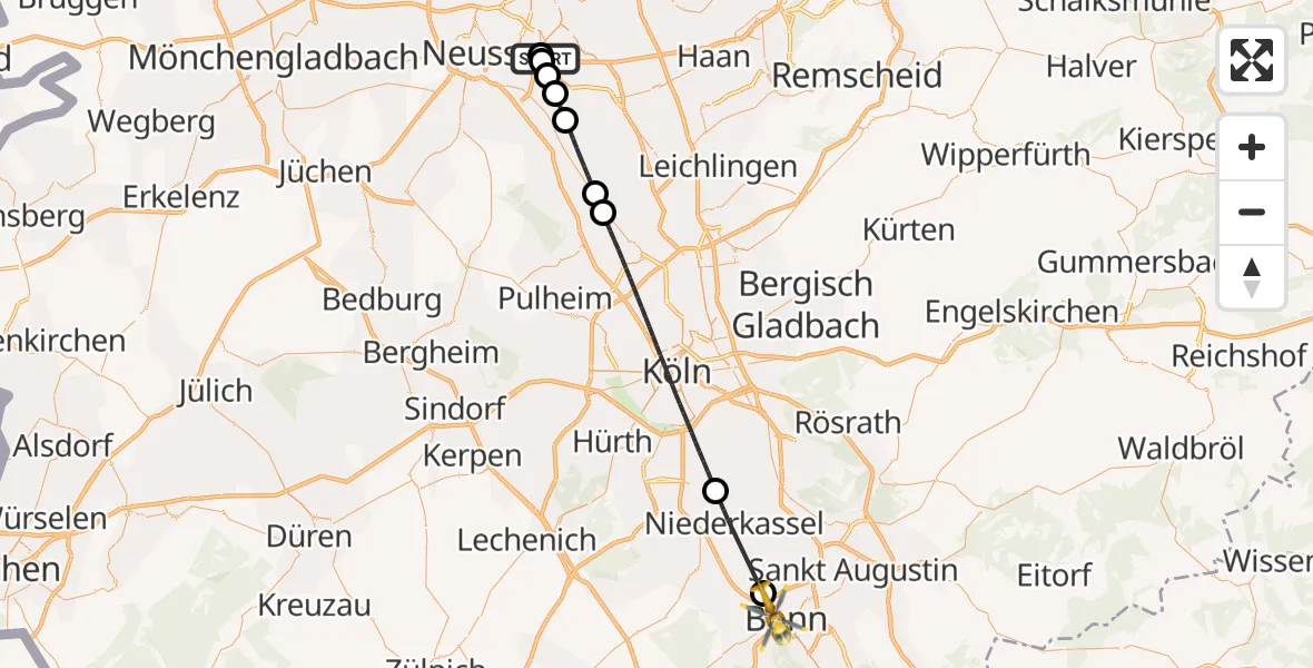 Flugroute Rettungshubschrauber Düsseldorf University Hospital - Bonn, 15 Mai 2026, 11:10