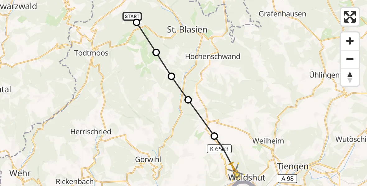 Flugroute Rettungshubschrauber Bernau im Schwarzwald - Waldshut-Tiengen, 15 Mai 2026, 11:12