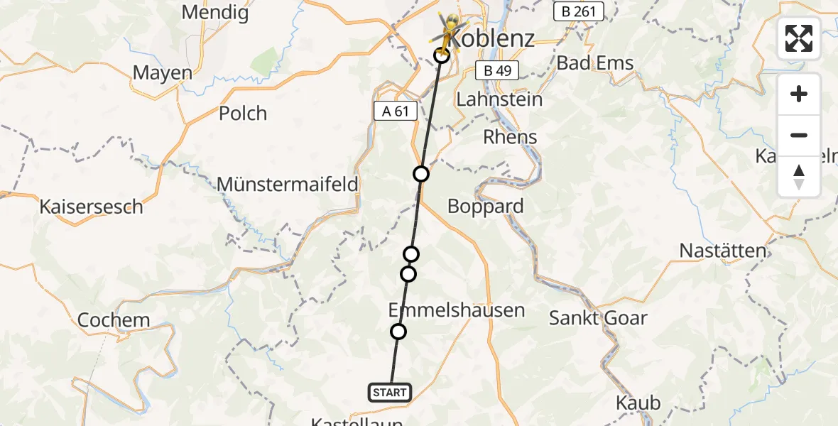 Flugroute Rettungshubschrauber Beltheim - Koblenz, 15 Mai 2026, 11:18