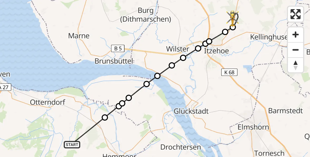 Flugroute Rettungshubschrauber Wingst - Itzehoe Hungriger Wolf Flugplatz, 15 Mai 2026, 11:38