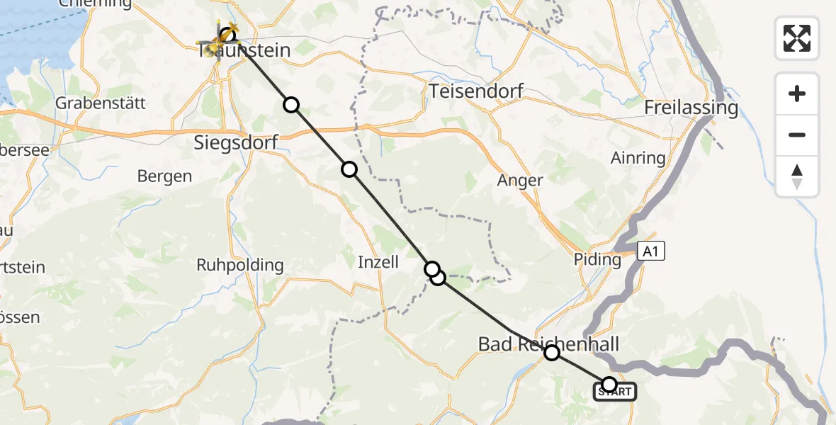 Flugroute Rettungshubschrauber Bischofswiesen - Traunstein Hospital, 15 Mai 2026, 11:41