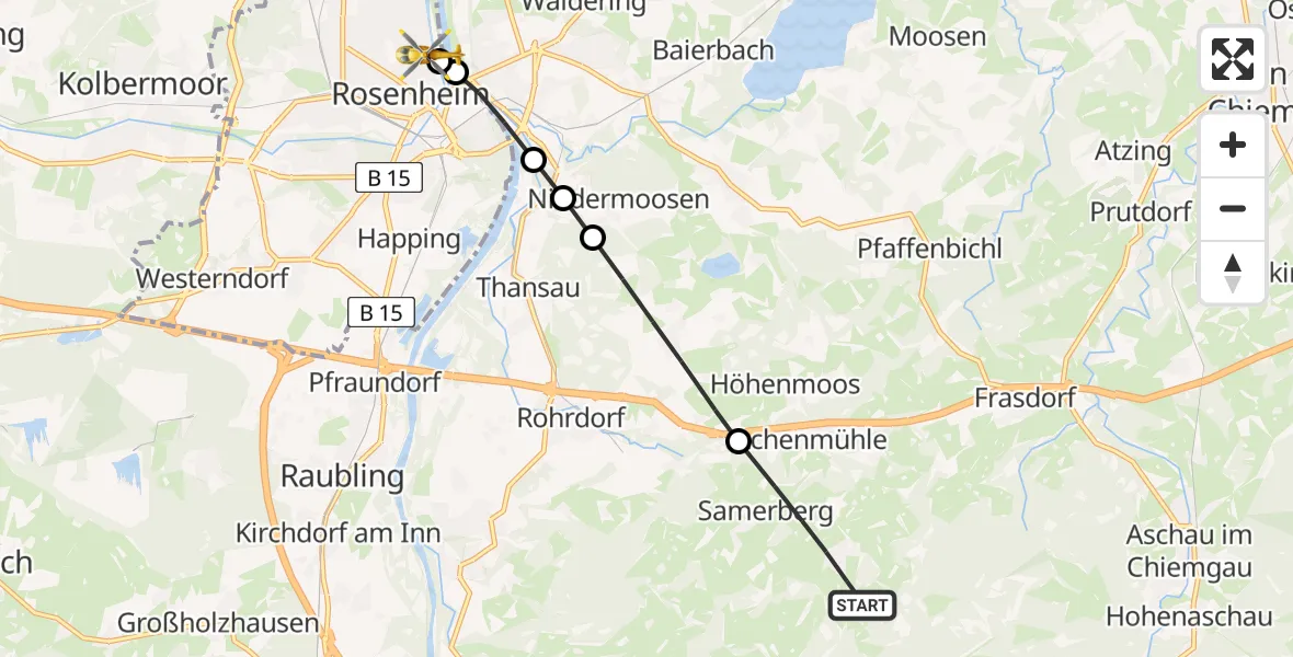 Flugroute Rettungshubschrauber Samerberg - RoMed Hospital Rosenheim, 15 Mai 2026, 11:42