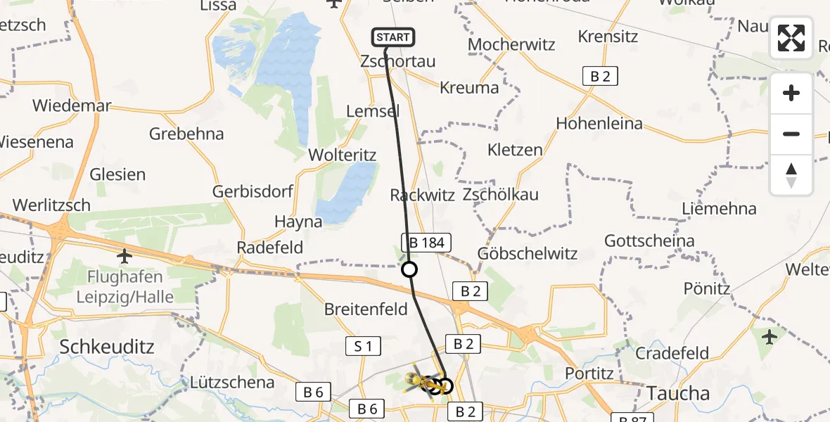Flugroute Rettungshubschrauber Rackwitz - Sankt Georg Hospital Leipzig Reserve, 15 Mai 2026, 11:42