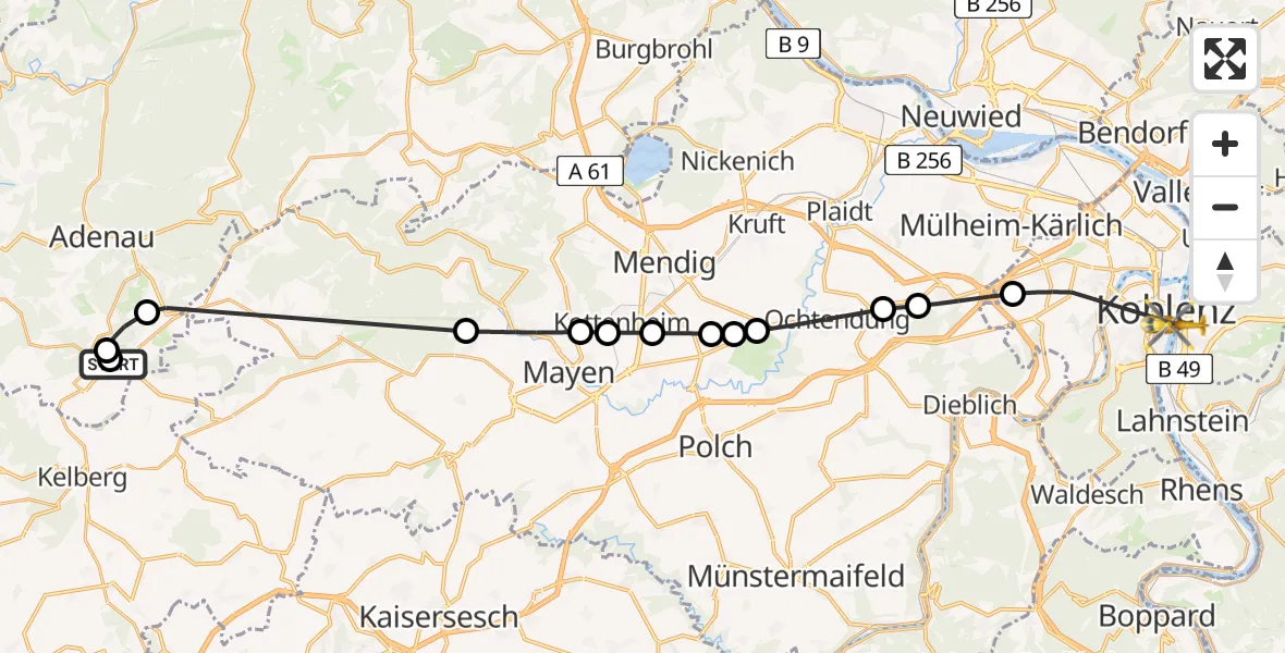 Flugroute Ambulanzhubschrauber Nürburgring Hubschrauberlandeplatz - Koblenz, 15 Mai 2026, 11:42