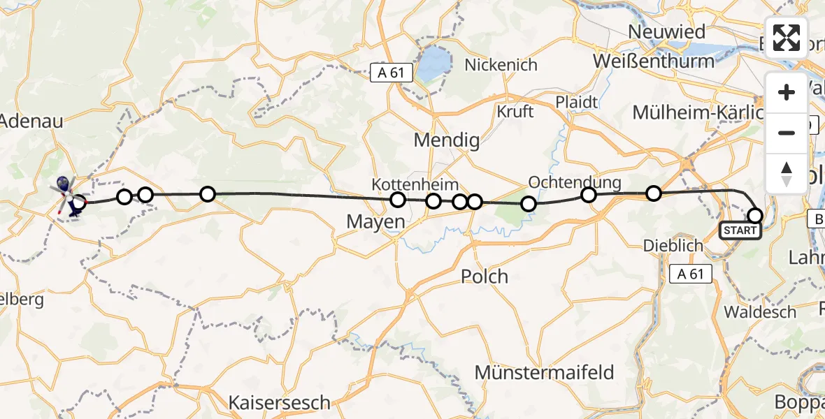 Flugroute Polizeihubschrauber Koblenz-Winningen Flugplatz - Meuspath, 15 Mai 2026, 11:42