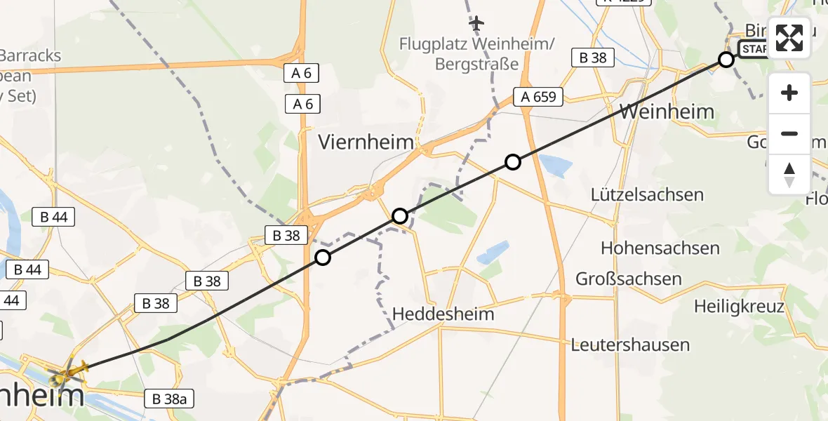 Flugroute Rettungshubschrauber Birkenau - Mannheim, 15 Mai 2026, 11:45