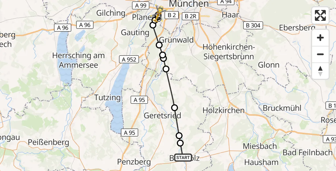 Flugroute Rettungshubschrauber Bad Tölz - DRF Air Rescue München Hubschrauberlandeplatz, 15 Mai 2026, 11:49