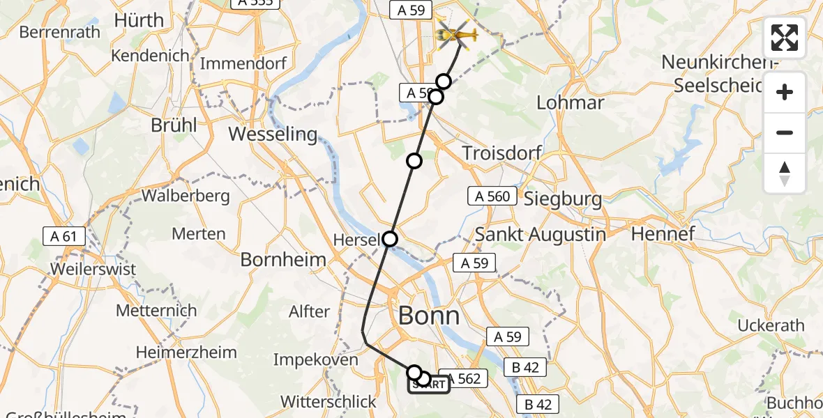 Flugroute Rettungshubschrauber Bonn University Hospital - Köln Bonn Flughafen, 15 Mai 2026, 11:51