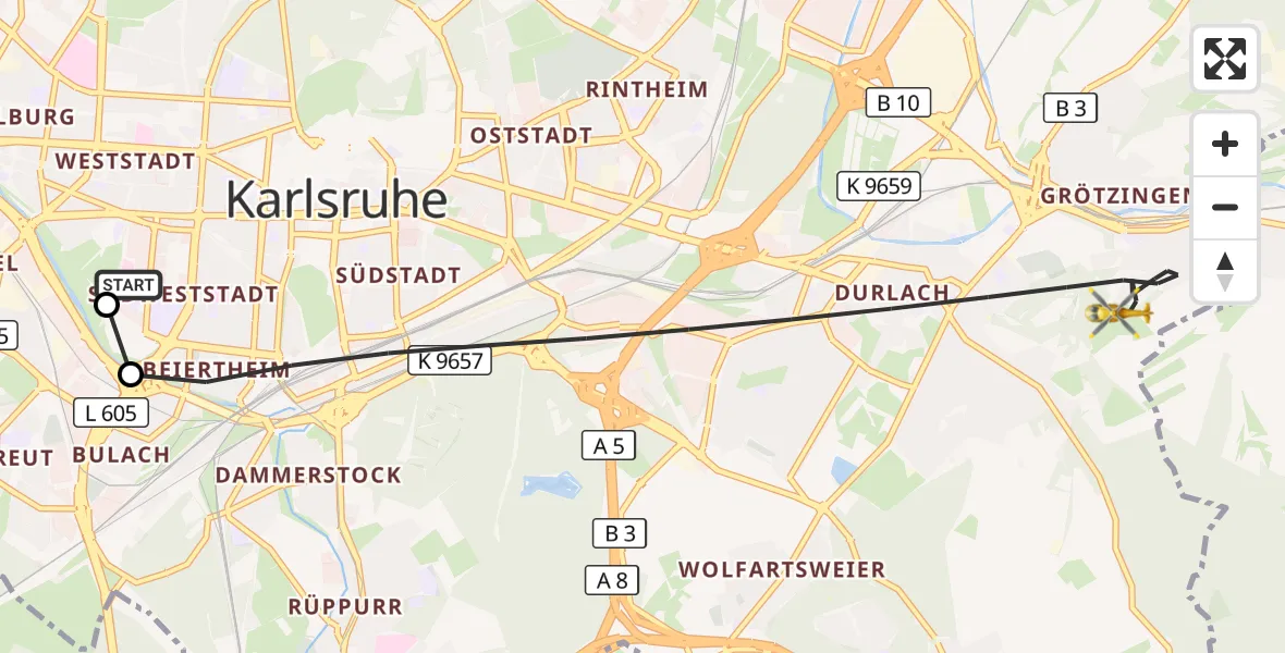Flugroute Rettungshubschrauber Sankt Vincentius Hospital - Karlsruhe, 15 Mai 2026, 11:51