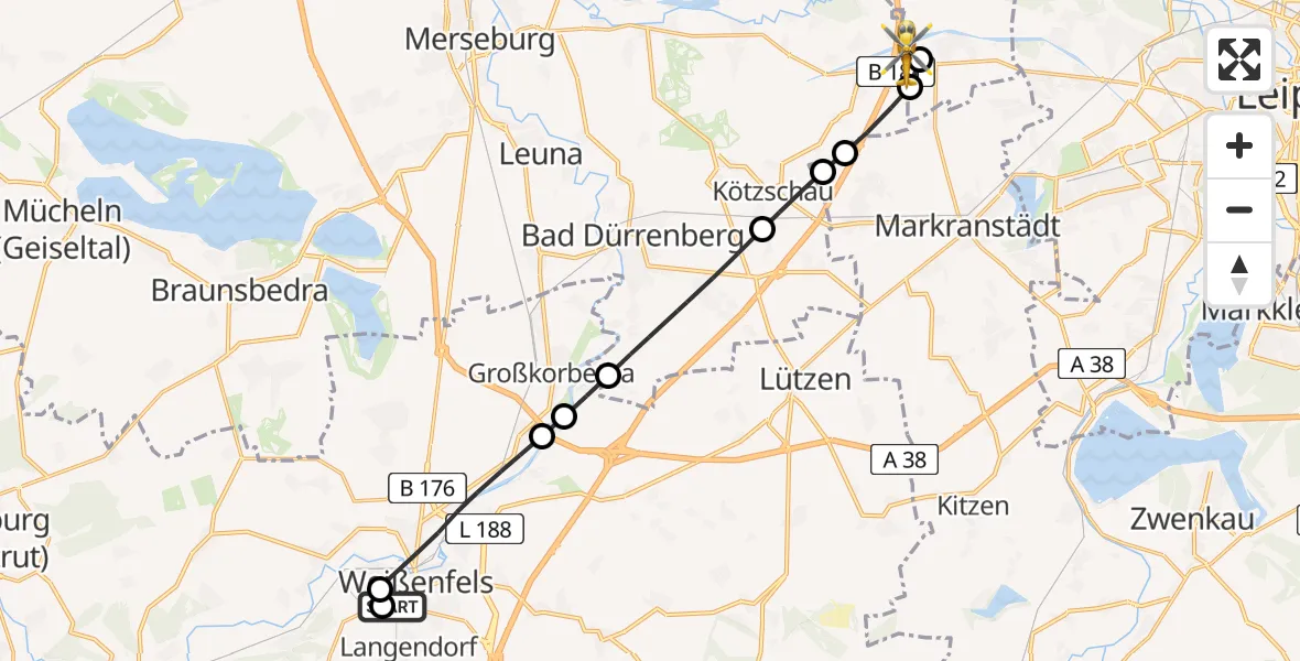 Flugroute Rettungshubschrauber Asklepios Clinic Weißenfels - ADAC Air Rescue Station Leipzig/Schkeuditz-Dölzig Hubschrauberlandeplatz (Christoph 61), 15 Mai 2026, 11:55