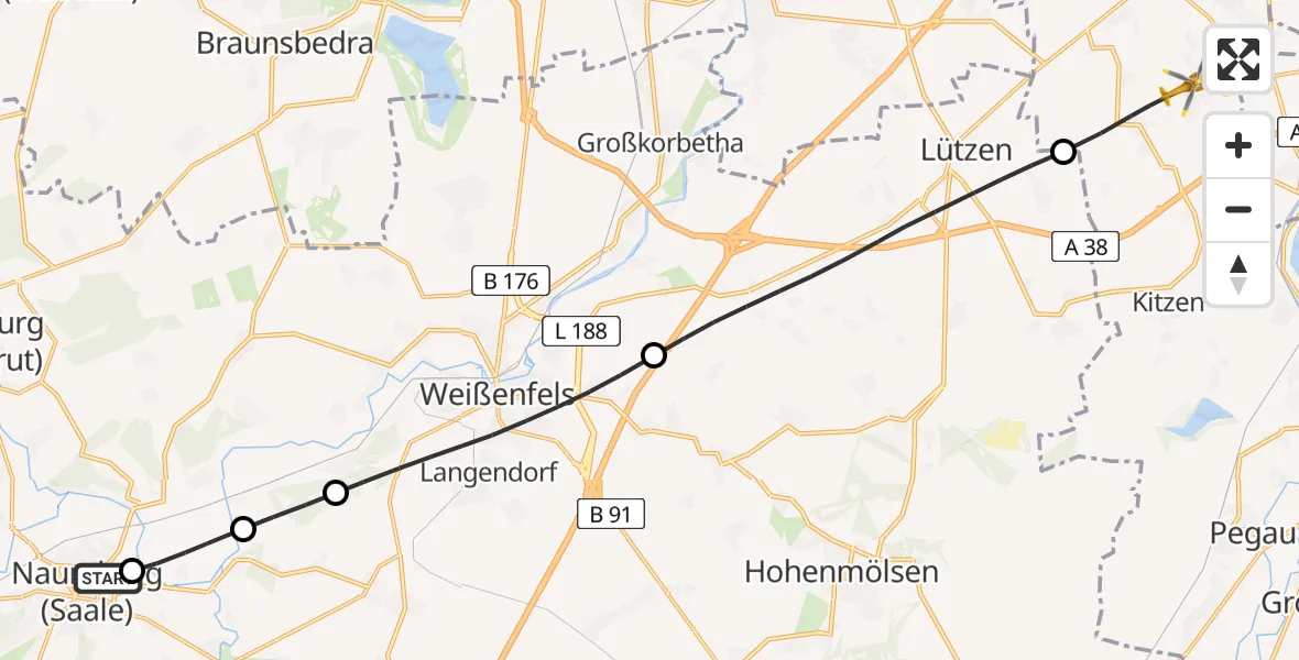 Flugroute Rettungshubschrauber Naumburg Hospital - Markranstädt, 15 Mai 2026, 11:56