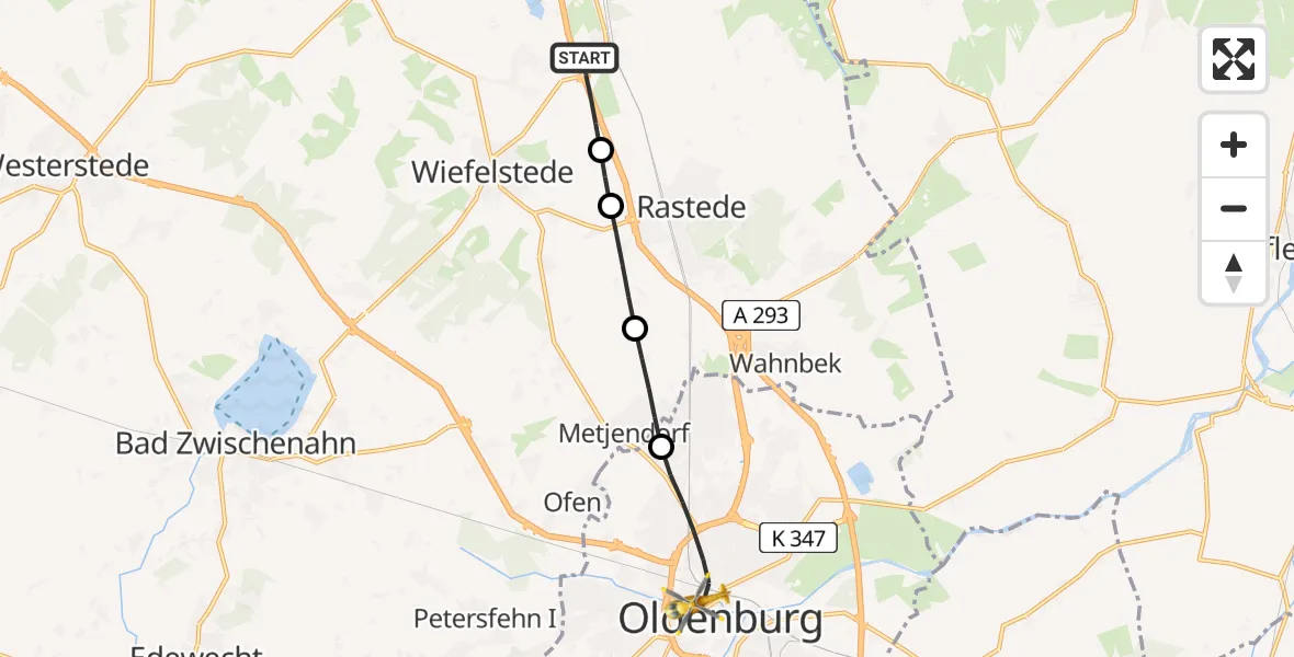 Flugroute Rettungshubschrauber Rastede - Oldenburg (Oldb), 15 Mai 2026, 11:59