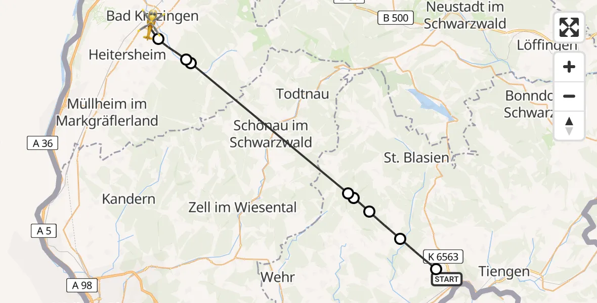Flugroute Rettungshubschrauber Waldshut-Tiengen - Bad Krozingen, 15 Mai 2026, 11:59
