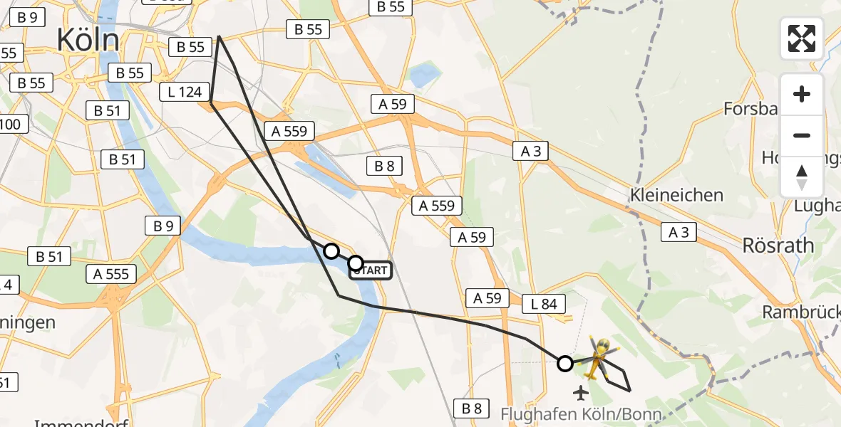 Flugroute Rettungshubschrauber Porz am Rhein Hospital - Köln Bonn Flughafen, 15 Mai 2026, 12:02