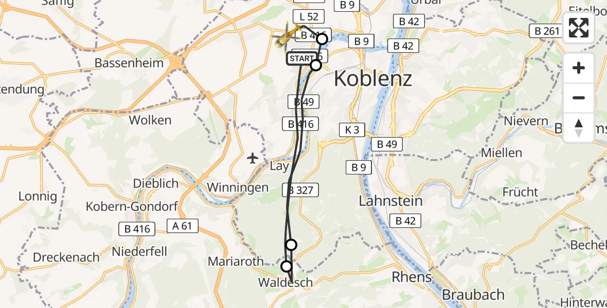 Flugroute Rettungshubschrauber Koblenz - Koblenz, 15 Mai 2026, 12:11