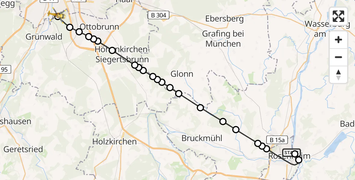 Flugroute Rettungshubschrauber RoMed Hospital Rosenheim - ADAC Air Rescue Center Hubschrauberlandeplatz (Christoph 1), 15 Mai 2026, 12:13