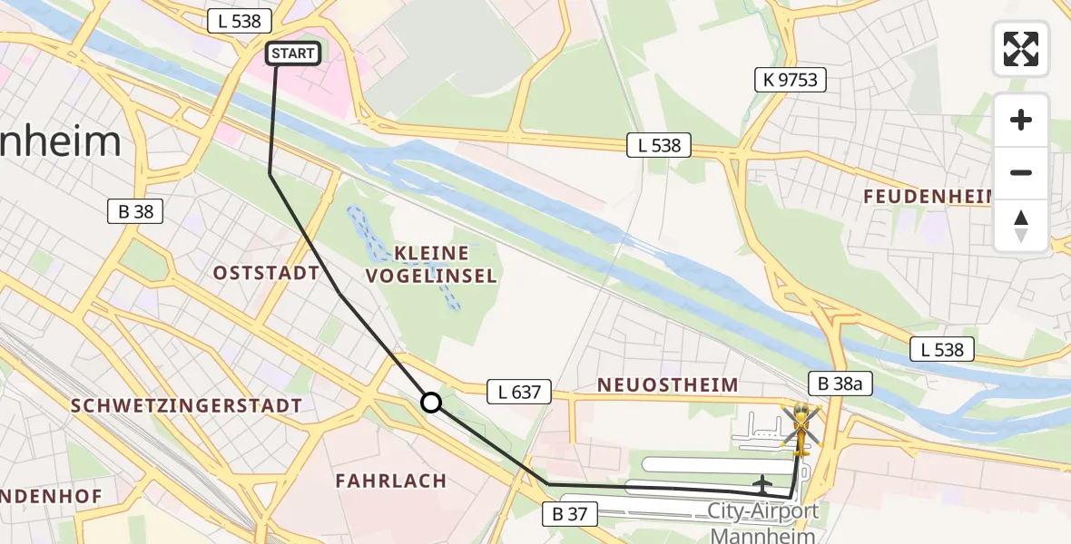 Flugroute Rettungshubschrauber Mannheim - Mannheim-City Flughafen, 15 Mai 2026, 12:17