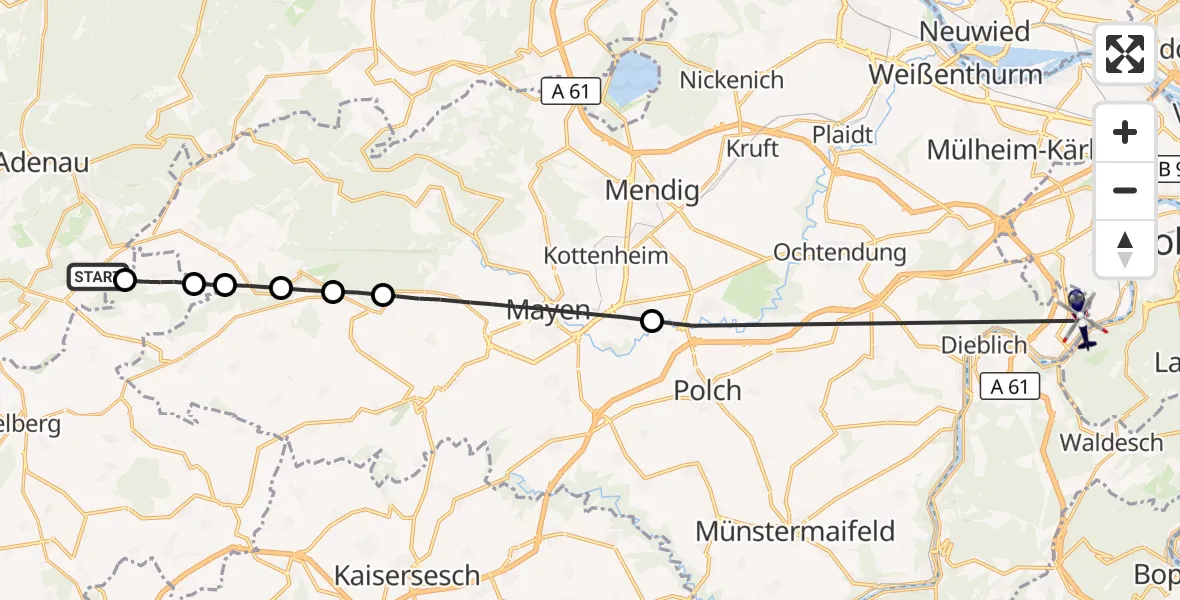 Flugroute Polizeihubschrauber Meuspath - Koblenz-Winningen Flugplatz, 15 Mai 2026, 12:24