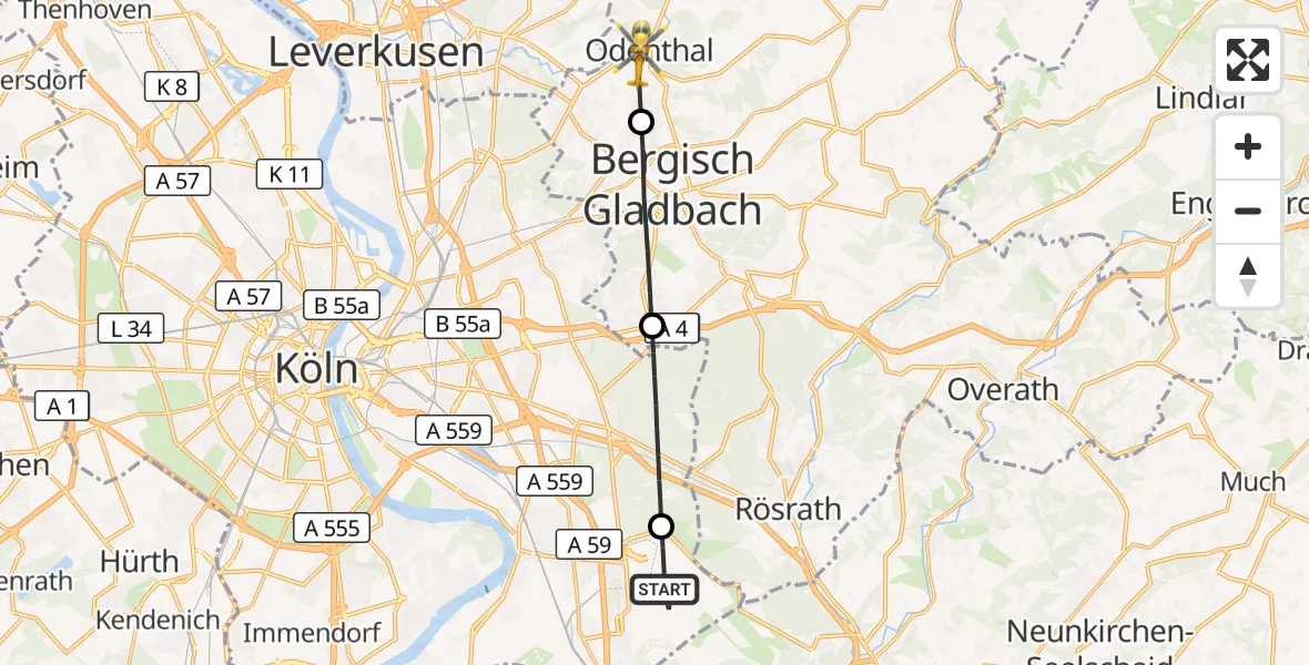 Flugroute Rettungshubschrauber Köln Bonn Flughafen - Odenthal, 15 Mai 2026, 12:26