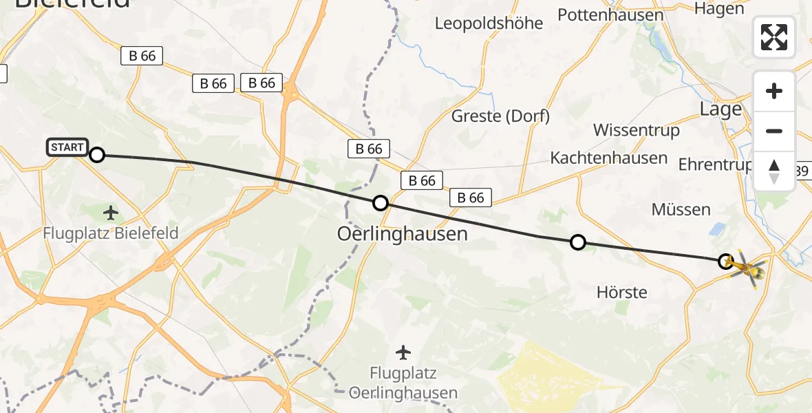Flugroute Rettungshubschrauber Luftrettungszentrum Bielefeld - Detmold, 15 Mai 2026, 12:27