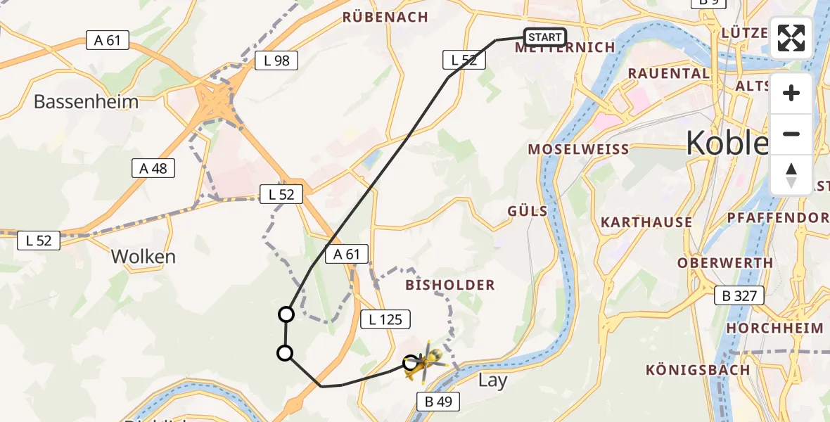 Flugroute Ambulanzhubschrauber Koblenz - Koblenz-Winningen Flugplatz, 15 Mai 2026, 12:28