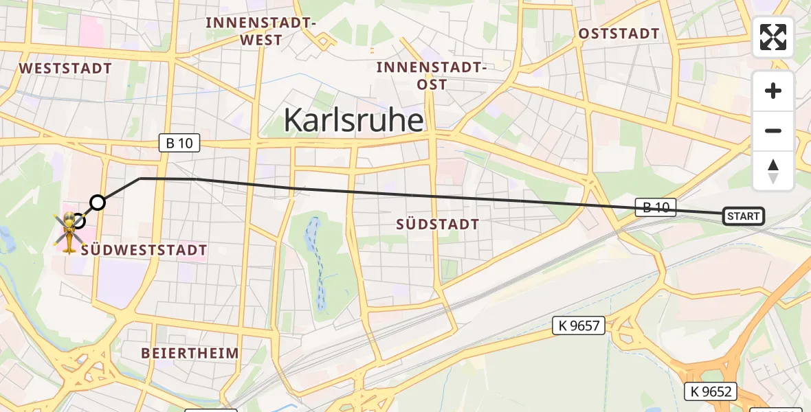 Flugroute Rettungshubschrauber Karlsruhe - Sankt Vincentius Hospital, 15 Mai 2026, 12:39