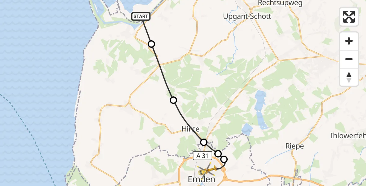 Flugroute Ambulanzhubschrauber Norden - Emden, 15 Mai 2026, 12:39