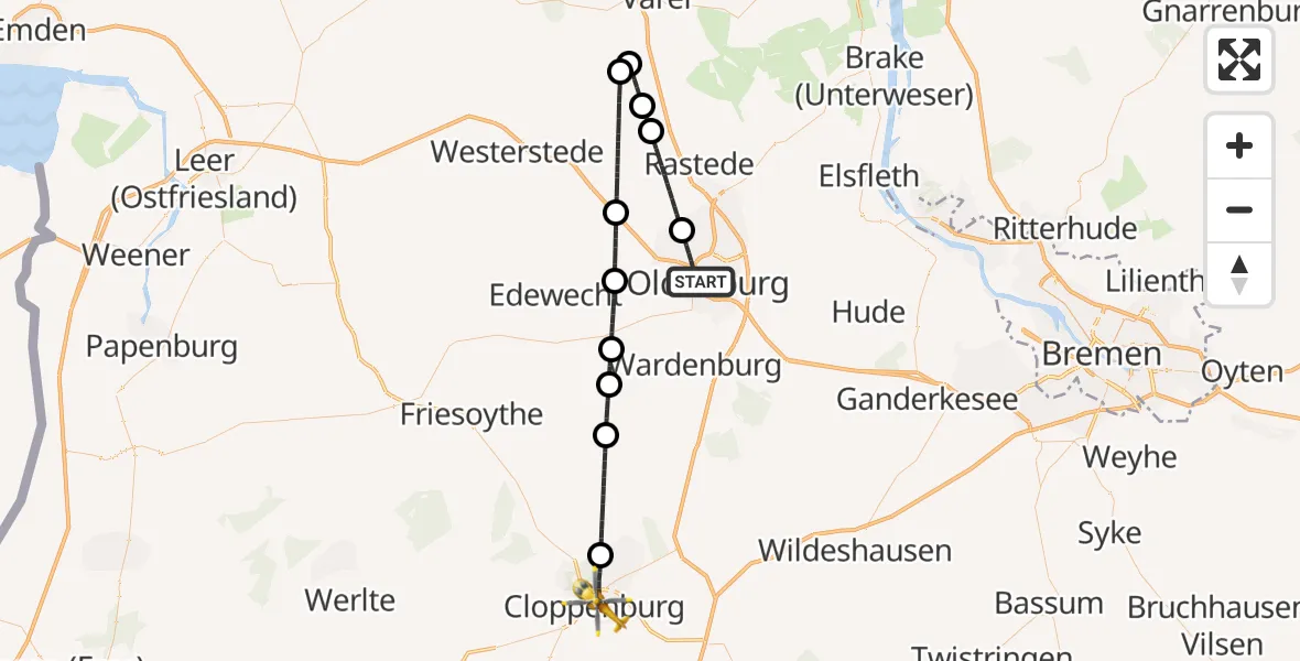 Flugroute Rettungshubschrauber Oldenburg (Oldb) - Cloppenburg, 15 Mai 2026, 12:41
