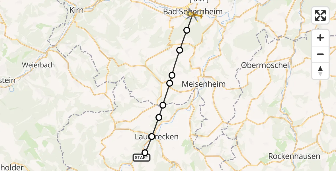 Flugroute Rettungshubschrauber Offenbach-Hundheim - Bad Sobernheim, 15 Mai 2026, 12:43