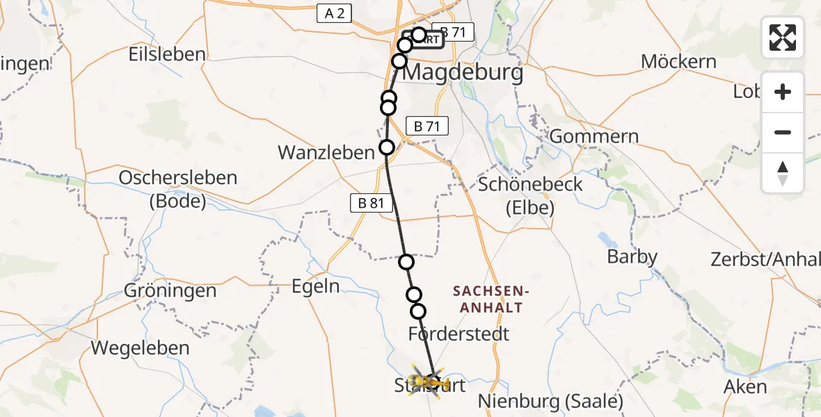 Flugroute Rettungshubschrauber Magdeburg Hospital - AMEOS Hospital Staßfurt, 15 Mai 2026, 12:44