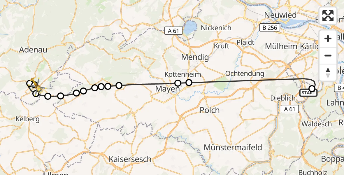 Flugroute Ambulanzhubschrauber Koblenz-Winningen Flugplatz - Nürburgring Hubschrauberlandeplatz, 15 Mai 2026, 12:47