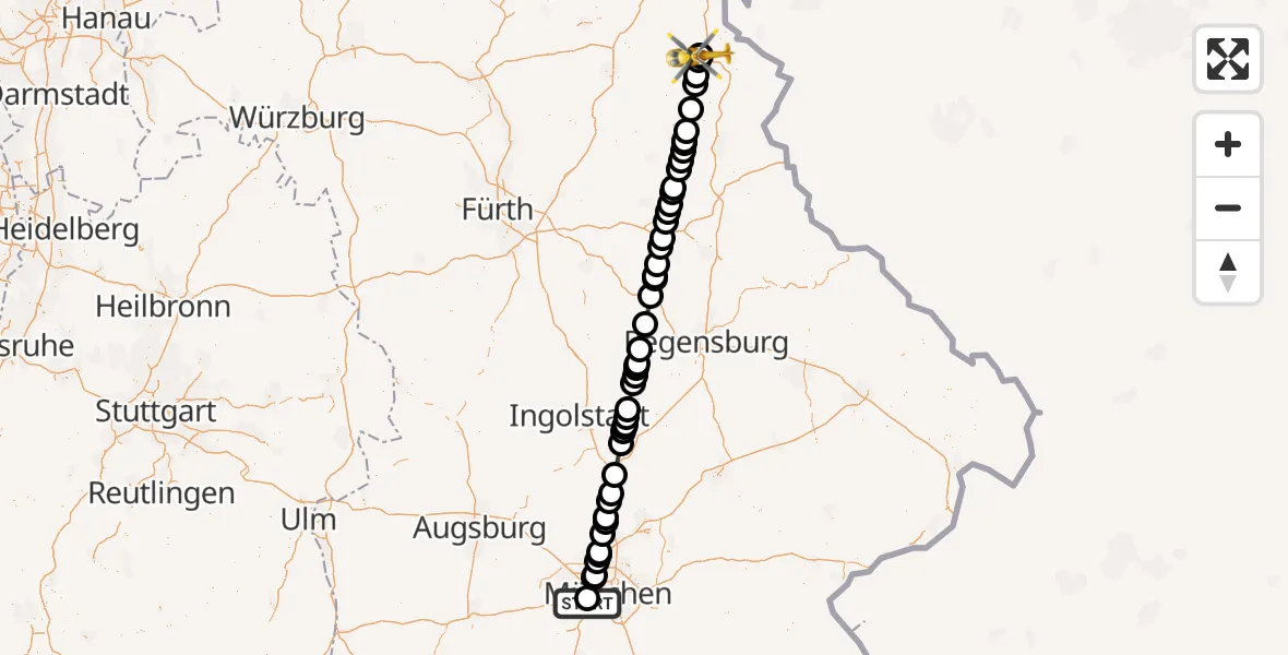 Flugroute Rettungshubschrauber DRF Air Rescue München Hubschrauberlandeplatz - Fichtelgebirge Hospital Marktredwitz, 15 Mai 2026, 12:48