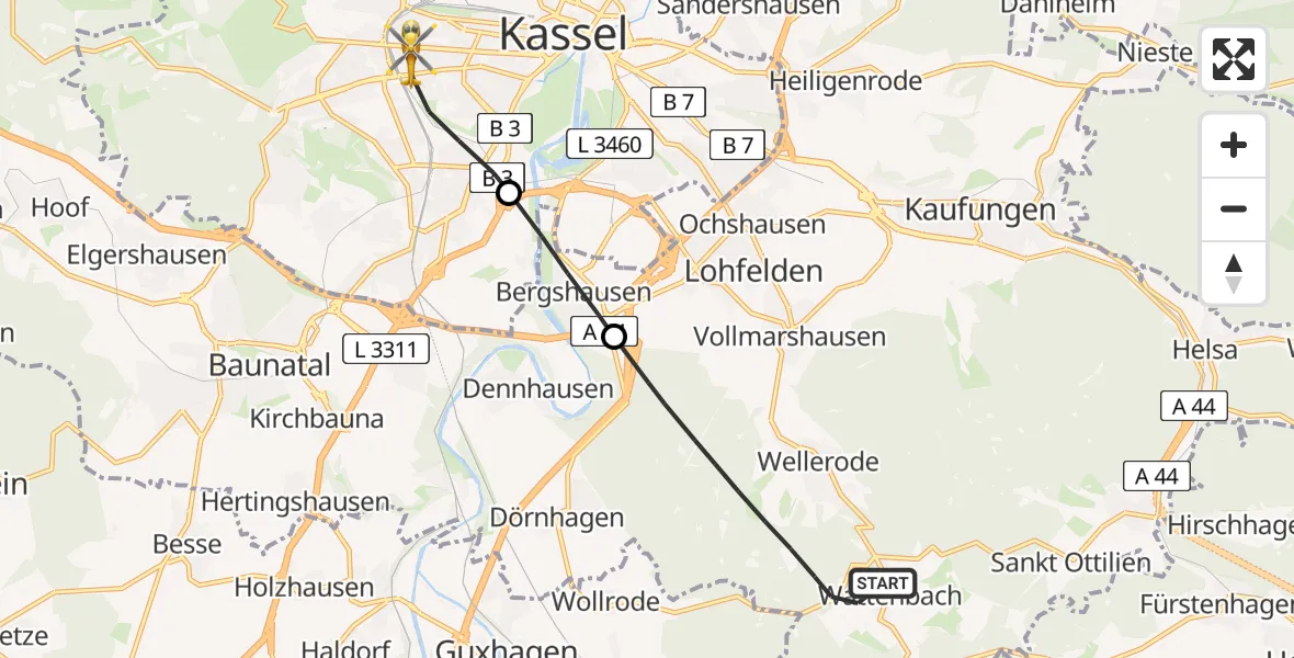 Flugroute Rettungshubschrauber Söhrewald - Kassel, 15 Mai 2026, 12:48