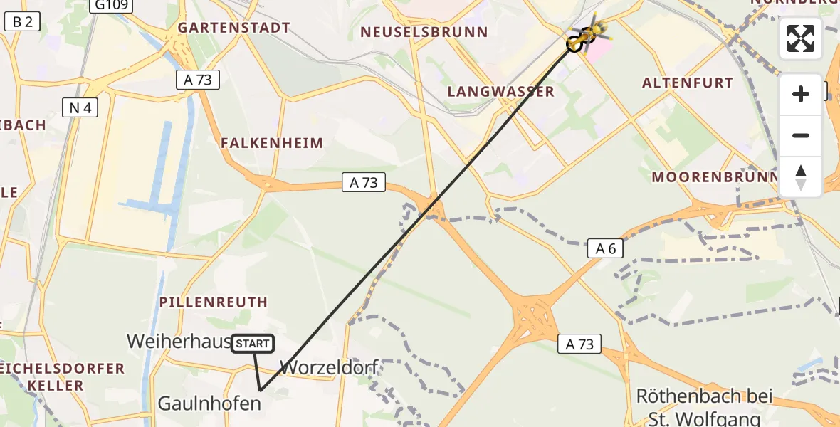 Flugroute Ambulanzhubschrauber Nürnberg - Nürnberg South Hospital, 15 Mai 2026, 12:53