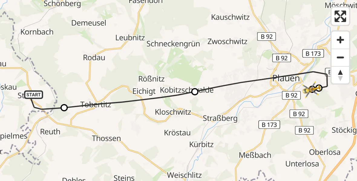 Flugroute Rettungshubschrauber Tanna - Helios Clinic Plauen, 15 Mai 2026, 12:55