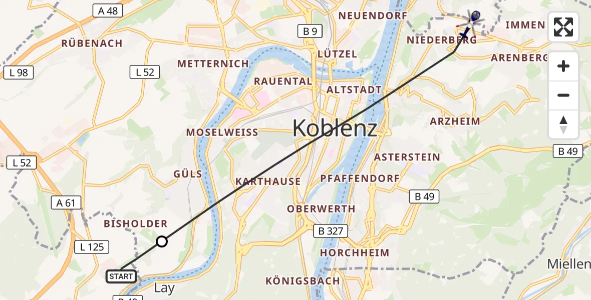 Flugroute Polizeihubschrauber Koblenz-Winningen Flugplatz - Koblenz, 15 Mai 2026, 12:56
