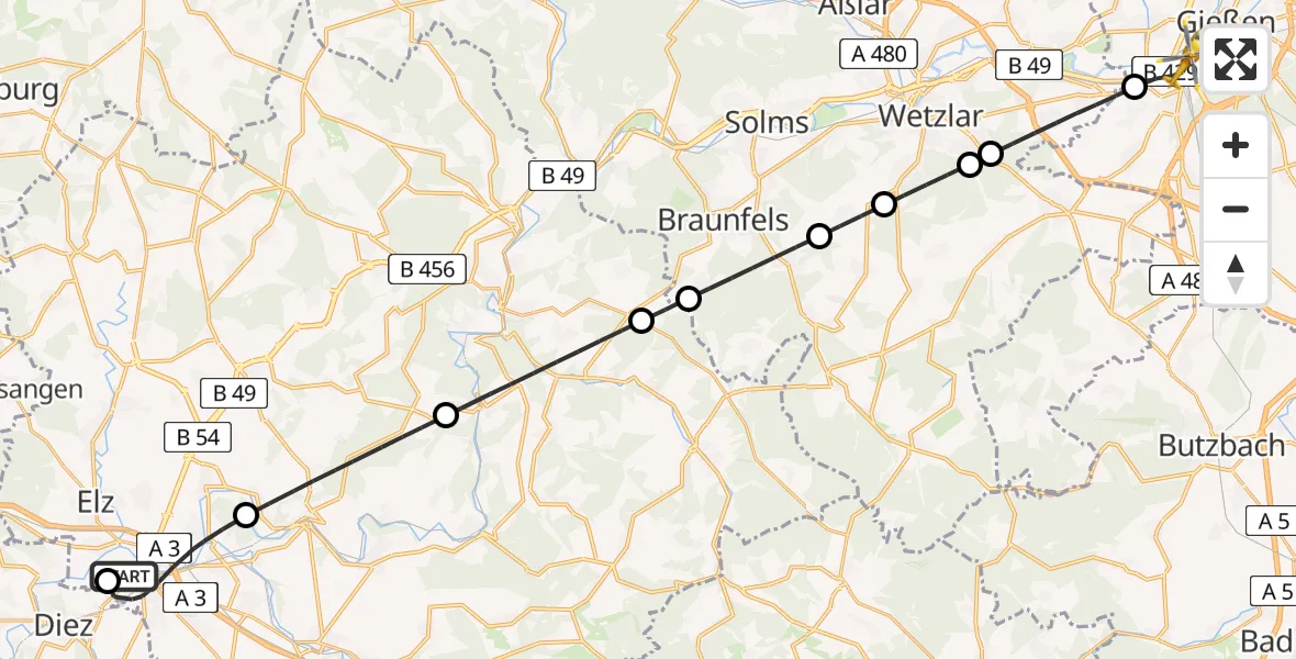 Flugroute Rettungshubschrauber Saint Vincent Hospital Limburg - Gießen, 15 Mai 2026, 13:02