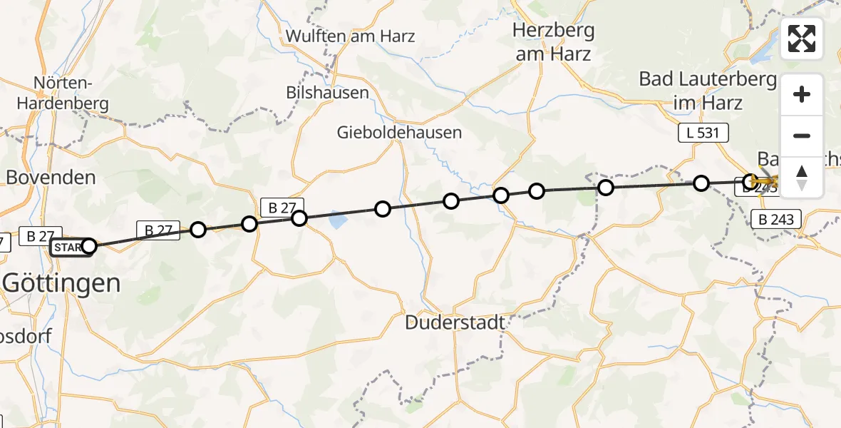 Flugroute Rettungshubschrauber Göttingen University Clinic Hubschrauberlandeplatz - Bad Sachsa, 15 Mai 2026, 13:03