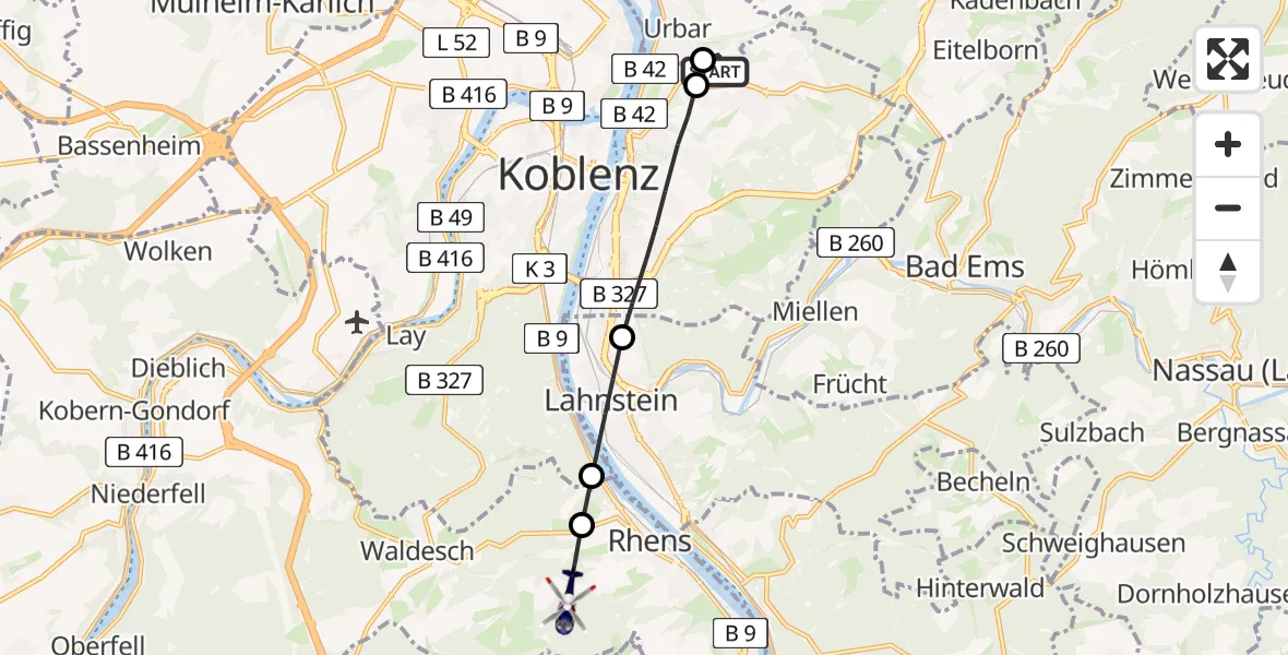 Flugroute Polizeihubschrauber Koblenz - Rhens, 15 Mai 2026, 13:05