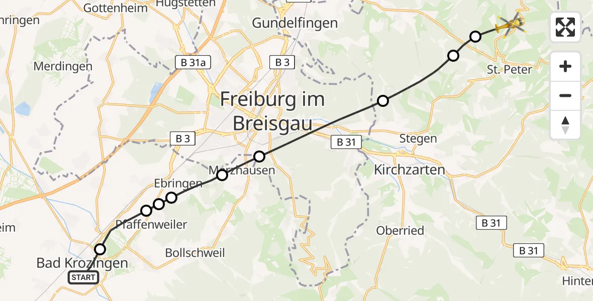 Flugroute Rettungshubschrauber Bad Krozingen - St. Peter, 15 Mai 2026, 13:07